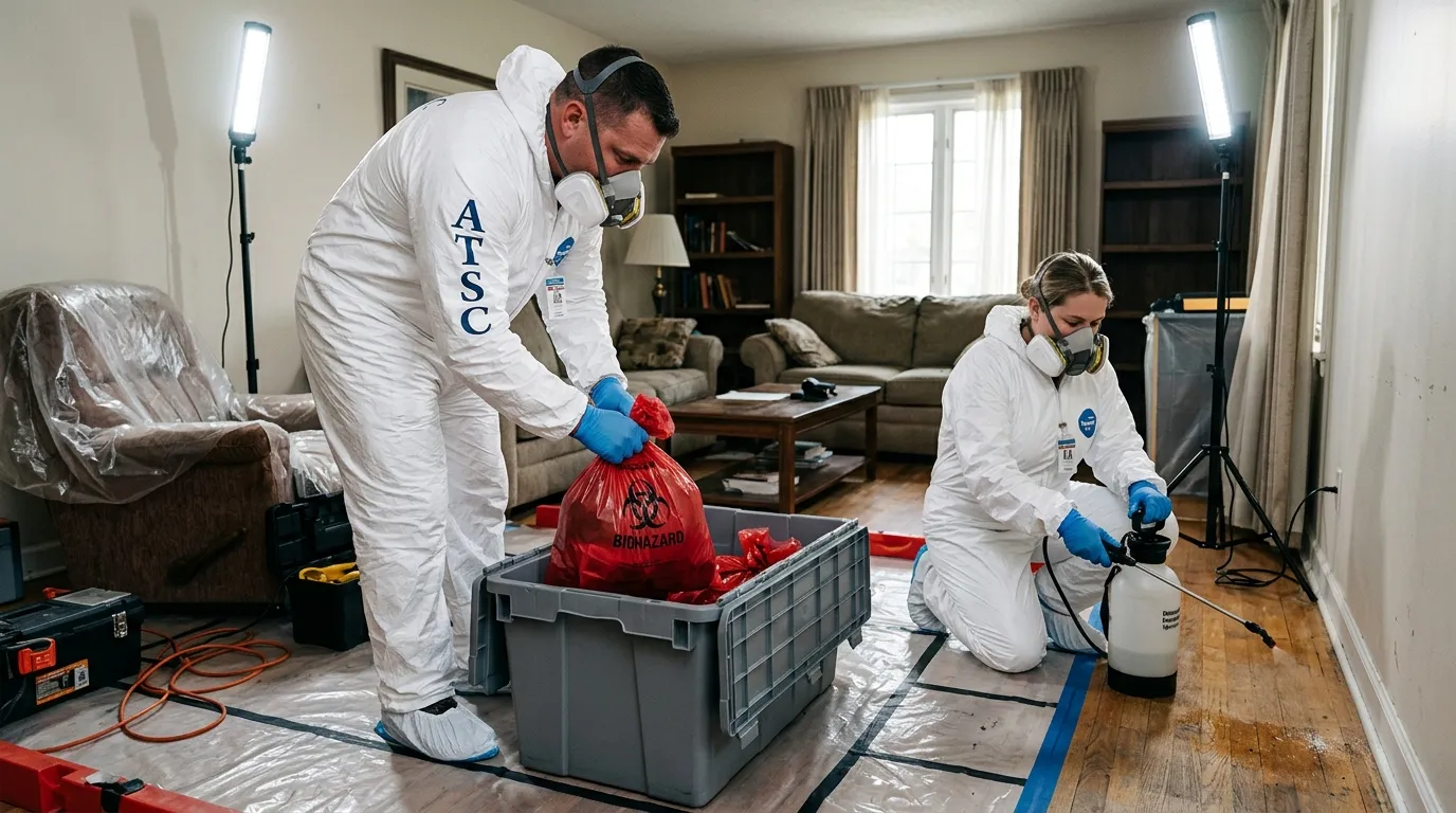 Professional Hoarding Cleanup technician in full PPE working in Sappington